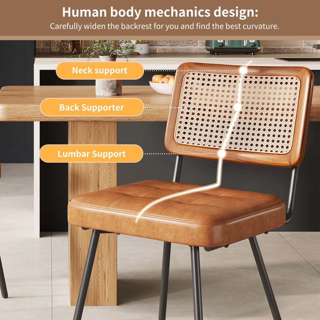 Sedia da pranzo in PU con schienale in rattan PE, seduta imbottita ed ergonomica, gambe in metallo marrone