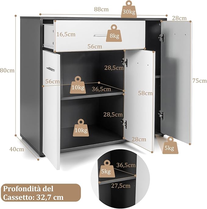 Mobile Credenza Moderno, Armadietto per Cucina con Cassetto e 3 Ante e Ripiano Regolabile, per Cucina, Sala da Pranzo e Soggiorno, 88 x 40 x 80 cm
