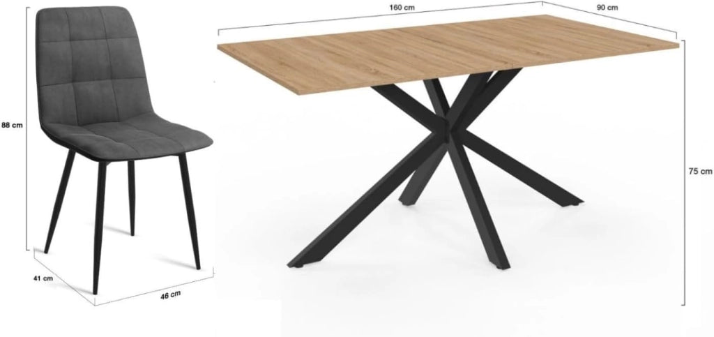 Tavolo da Pranzo Rettangolare Alix 160 cm in Legno e Nero con 6 sedie Mila in Velluto Grigio Scuro