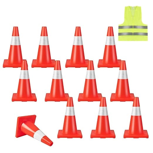 Set da 12 Coni Stradali con Gilet di Sicurezza, Coni Segnaletici Stradali con Strisce Refrigeranti, Birilli Stradali Riflettenti Luminosi in PVC Arancione Acceso per Traffico Guide Parcheggi