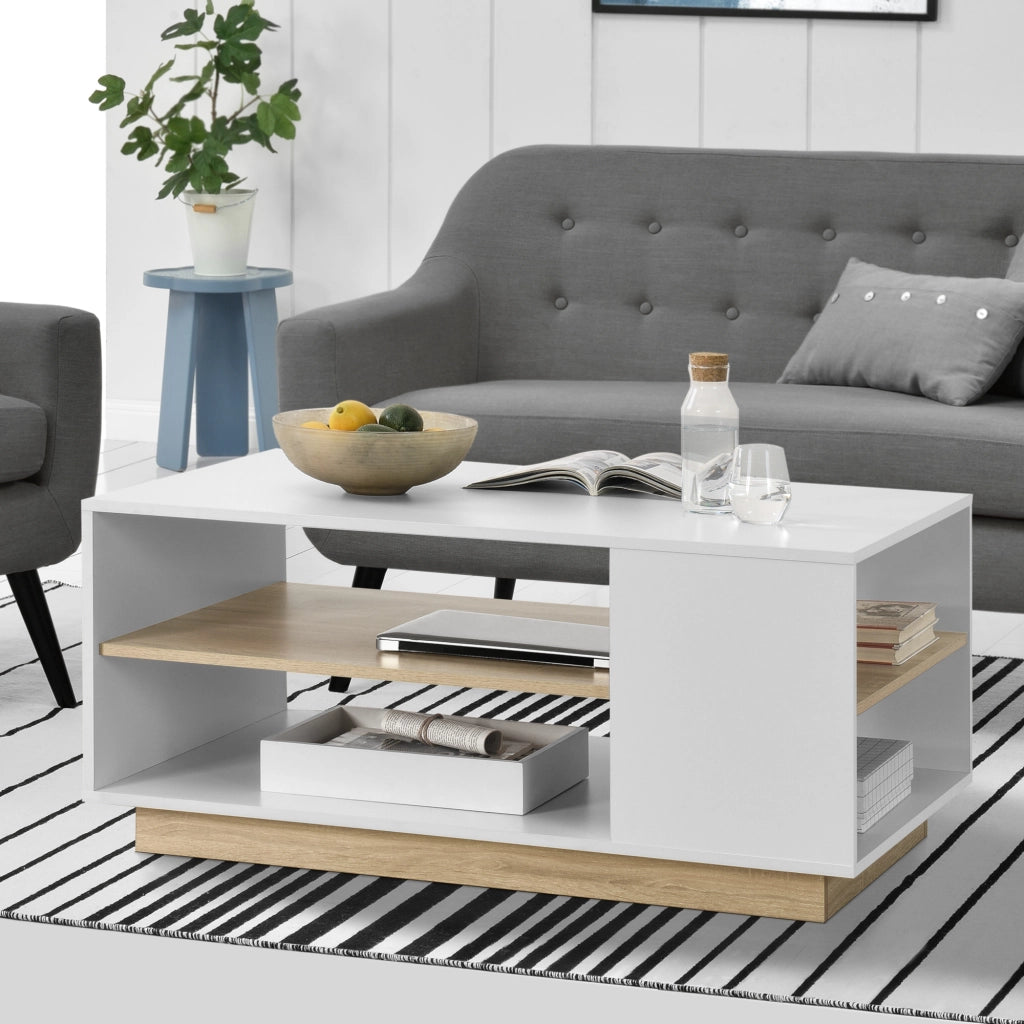 Tavolino Centrale Trelleborg da Salotto con Ripiano 100 x 60 x 46 cm - Bianco/Effetto Rovere [en.casa]