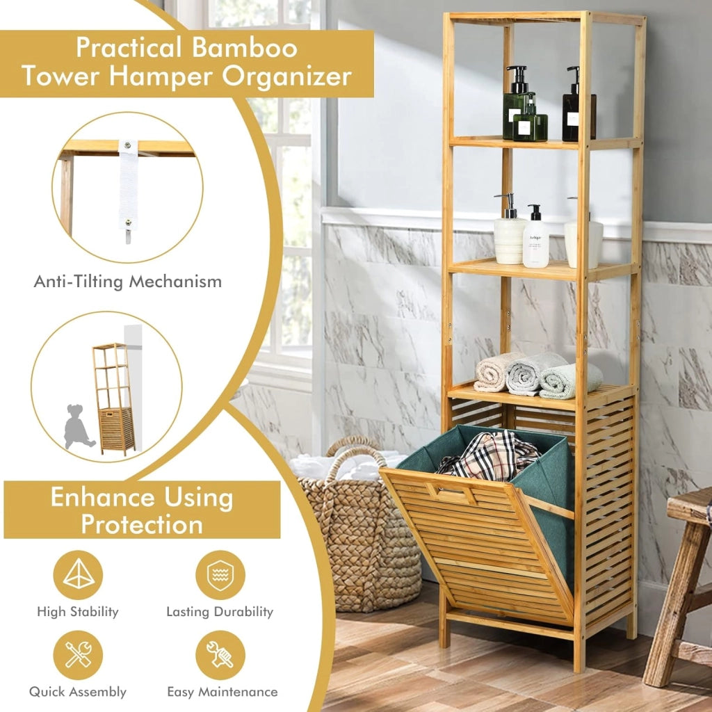 Scaffale Bagno in Bambù, Mobile da Bagno con Cesto Portabiancheria, Scaffalatura da Bagno, 3 Ripiani, Marrone, 40x33x160 cm