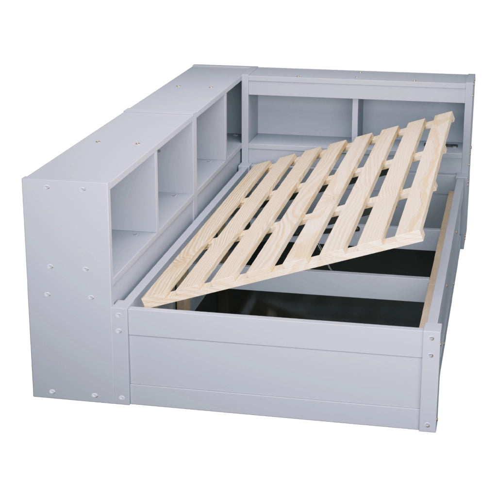 Letto multifunzione 90 x 200 cm in MDF grigio con LED, prese integrate e ampio spazio contenitore