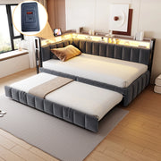 Divano letto estraibile 90x200 cm in velluto grigio scuro con LED; USB e vano portaoggetti
