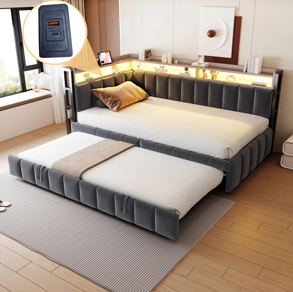 Divano letto estraibile 90x200 cm in velluto grigio scuro con LED; USB e vano portaoggetti