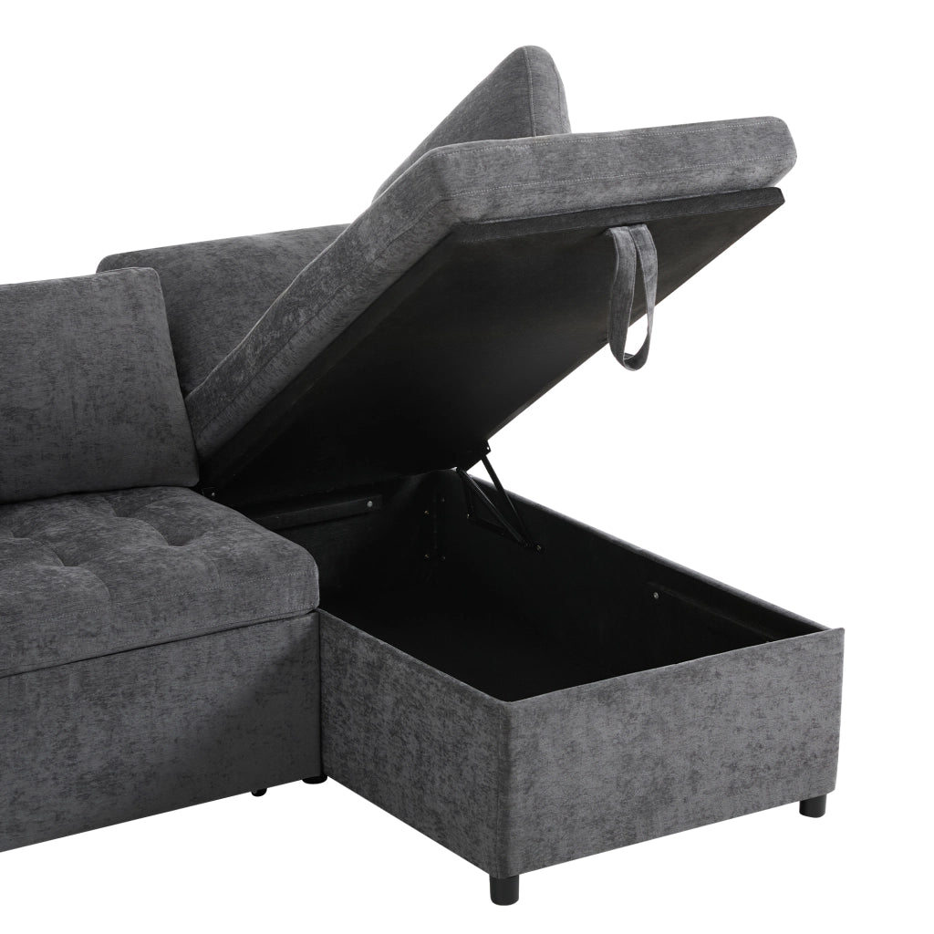 Divano ad angolo convertibile con contenitore, porta USB, portabicchieri e cuscini, in Chenille Grigio Scuro
