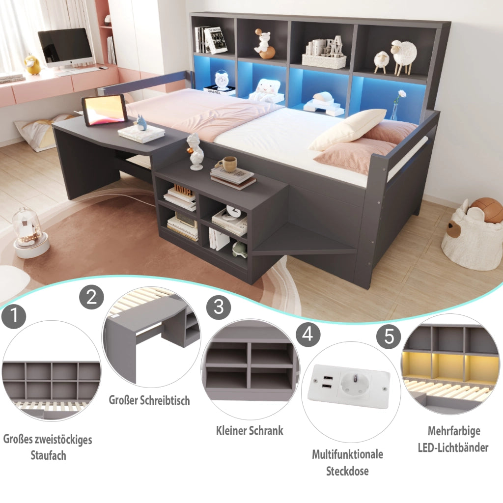 Letto a soppalco per bambini 90 × 200 cm con scrivania, vani portaoggetti, LED, USB e presa, senza materasso