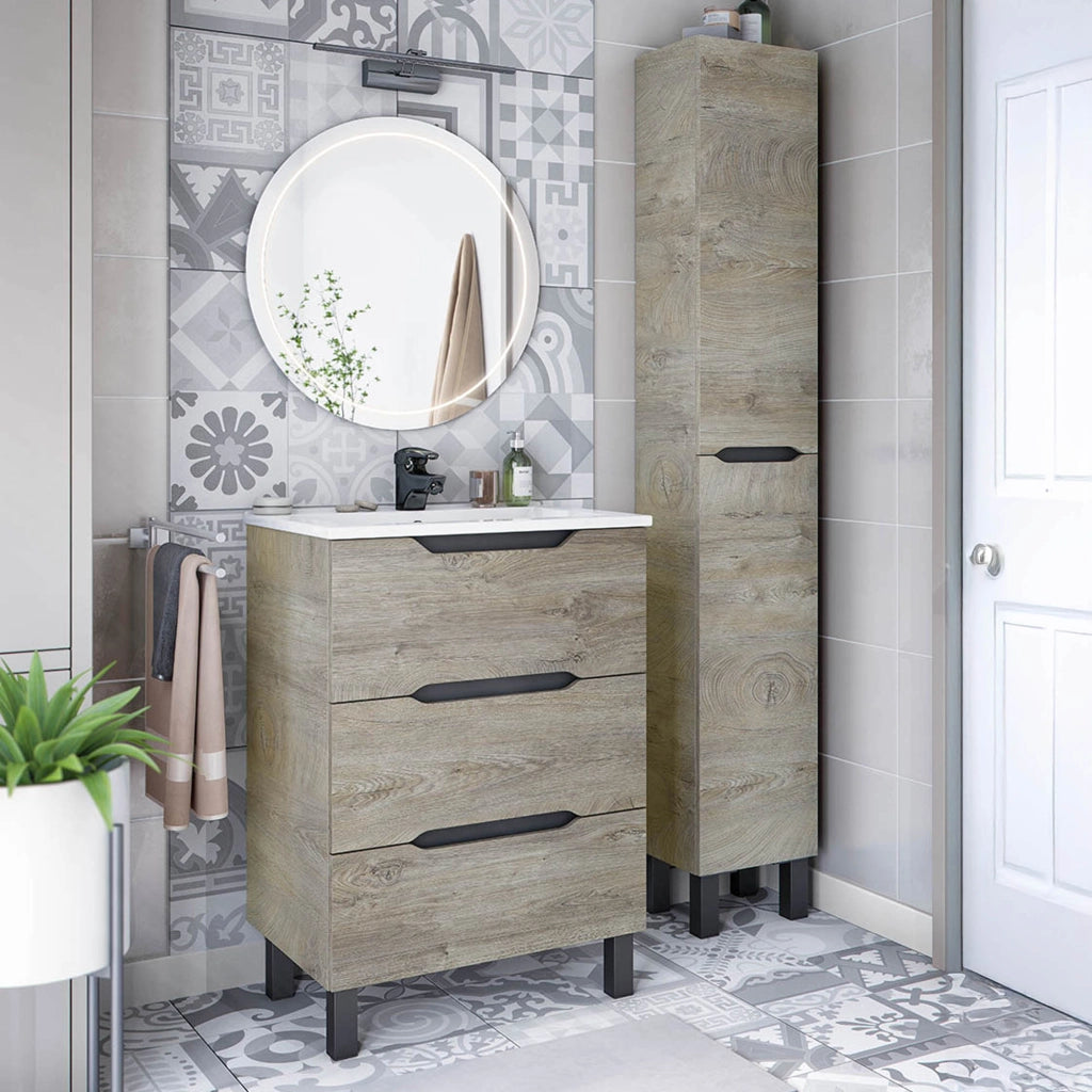 Caleta, set Mobili Bagno 3 Cassetti, Marrone Rovere Grigio