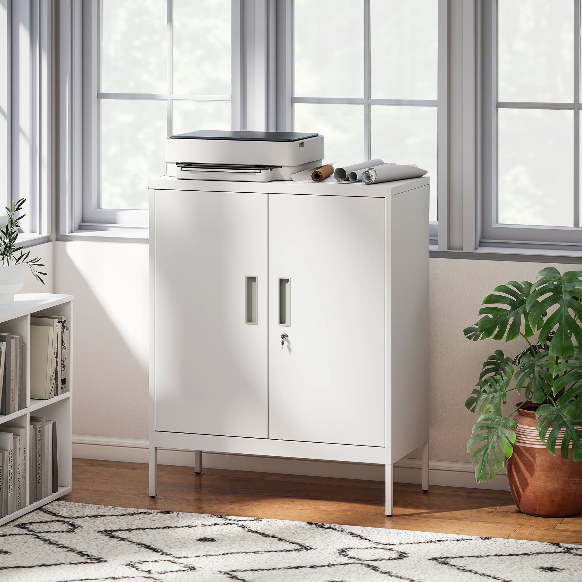 Armadietto da Ufficio 80x40x100 cm a 2 Ripiani Regolabili con Serratura e 2 Chiavi in Acciaio Bianco