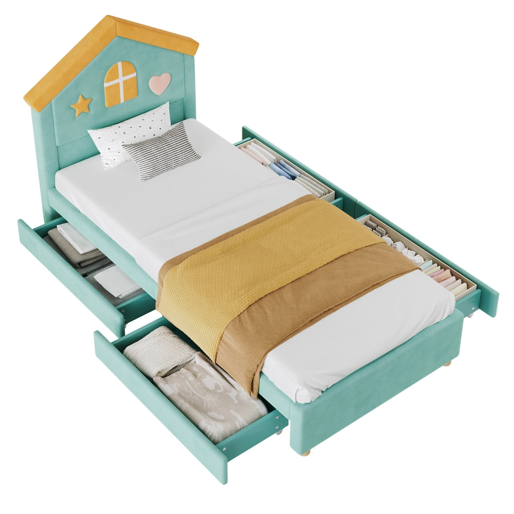 Letto imbottito per bambini a casetta 90x200 cm con 4 cassetti in velluto blu verde