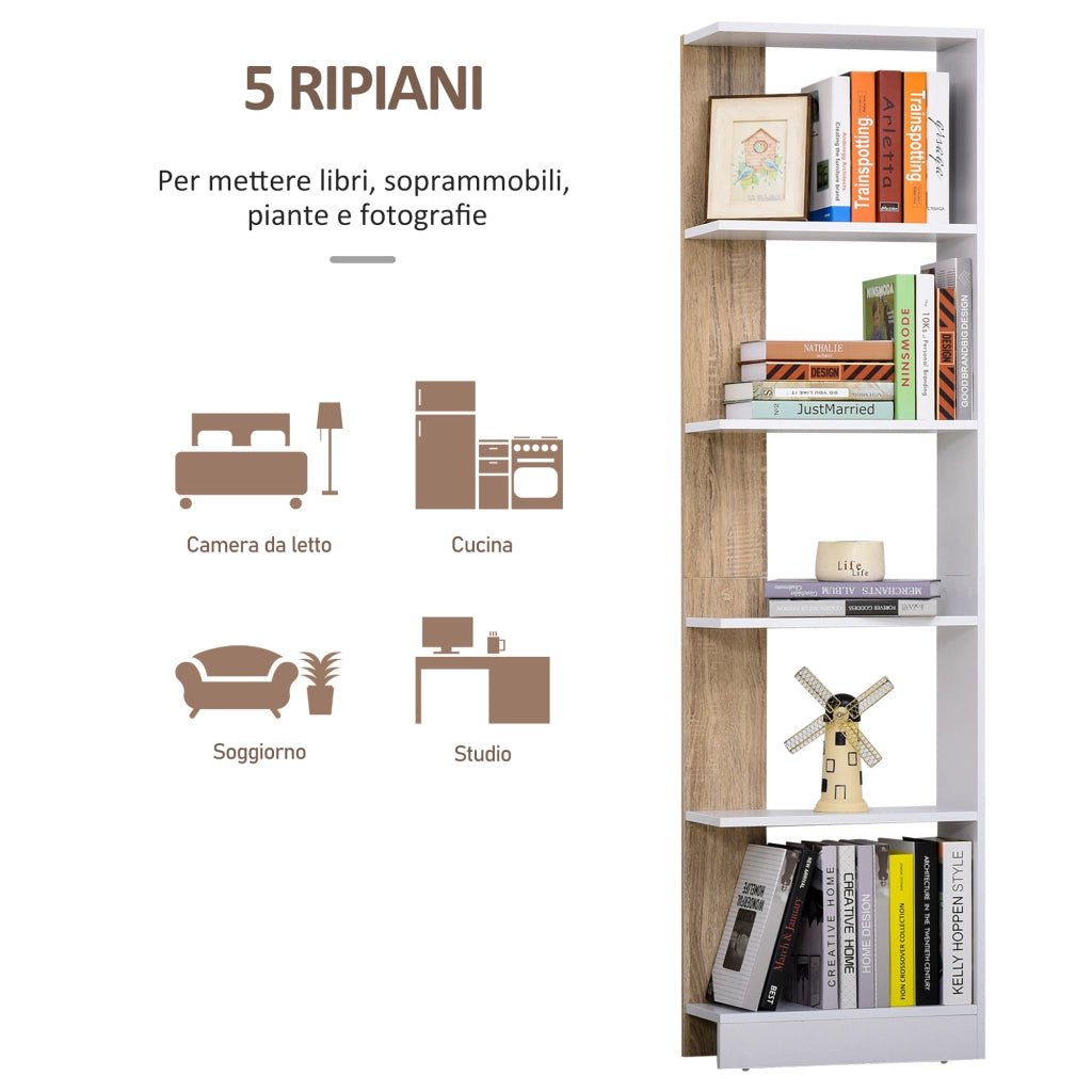 Libreria a 5 Ripiani in Legno ¨C Zephmum ¨C Rovere e Bianco 45x21x170 cm