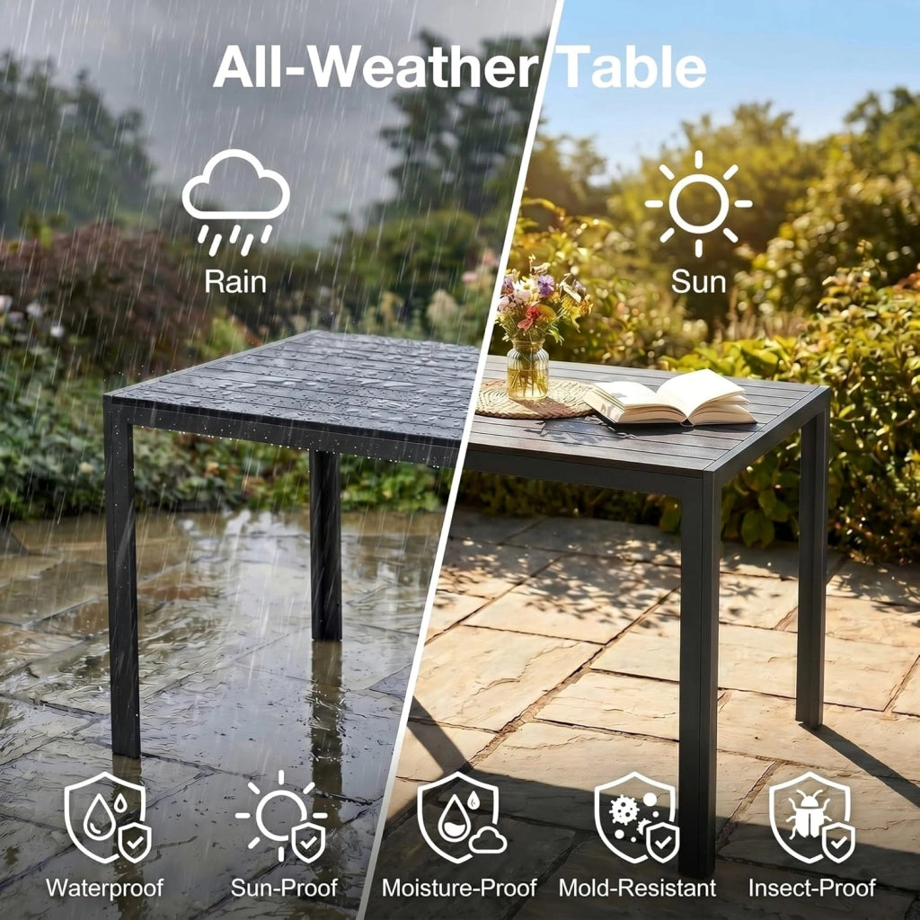 Tavolo da Giardino Moderno in WPC 110 x 70 cm, Tavolo da Pranzo per Esterno per 4-6 Persone, Tavolo da Balcone Salvaspazio in Alluminio, Design Effetto Legno,Nero