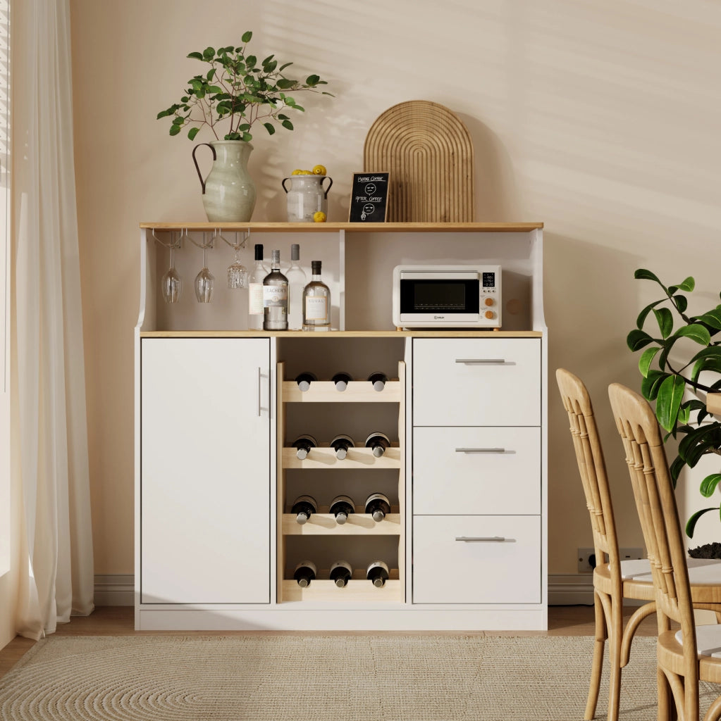 Credenza 120x40x121 cm con LED e presa integrata; MDF bianco e naturale