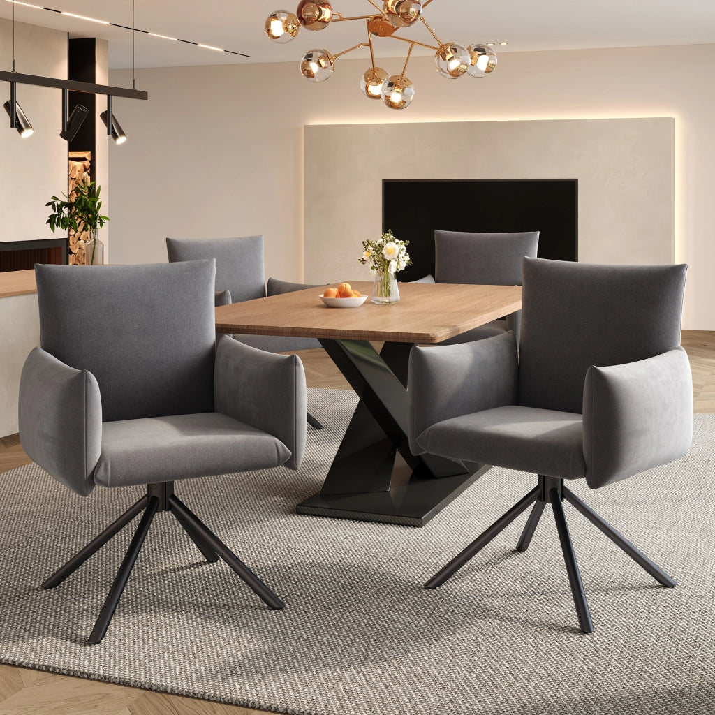 Chaise da sala da pranzo girevoli con braccioli imbottiti e schienale ergonomico set da 4 in velluto grigio