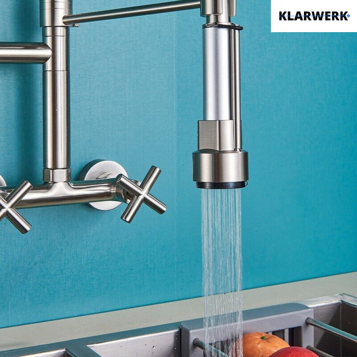 Bjorn | Rubinetto da parete gastronomia argent Rubinetto cucina professionale in acciaio inox con due doccette|doppio lavello da parete ristorante