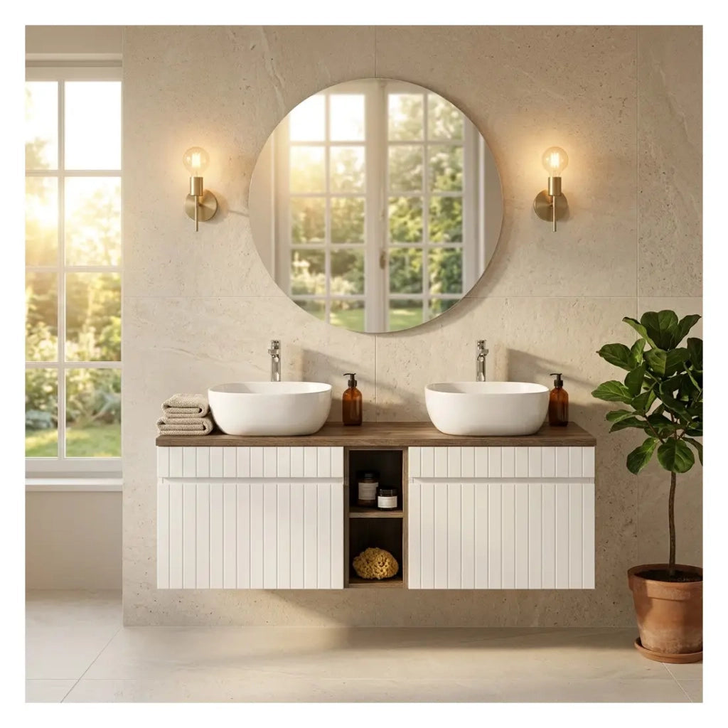 Set ICON bianco: mobili sottolavabo 180cm con nicchie visibili + top per lavabo effetto legno scuro
