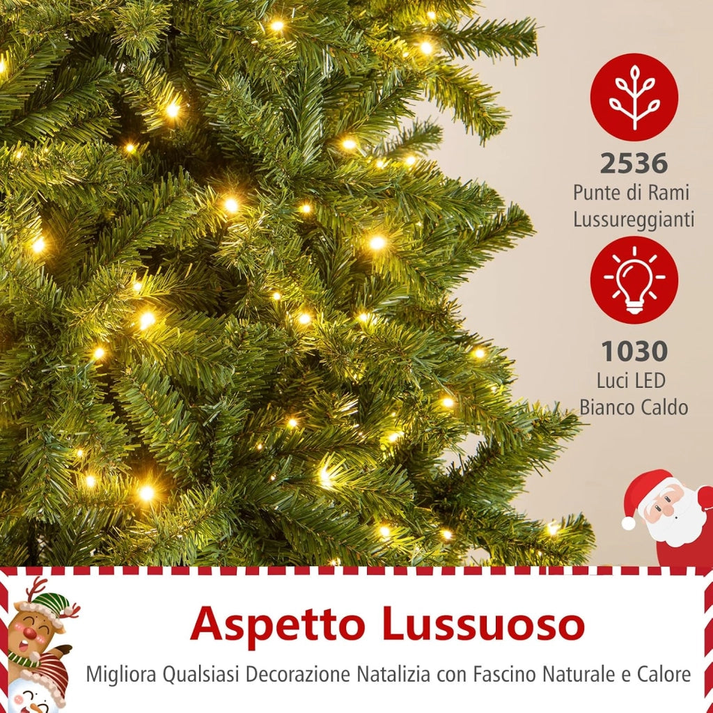 Albero di Natale Artificiale Pre-illuminato 360 cm con 2536 Rami in PVC, 1030 Luci LED Bianco Caldo, Albero di Natale da Interno ed Esterno, Connettore di Alimentazione Rapido