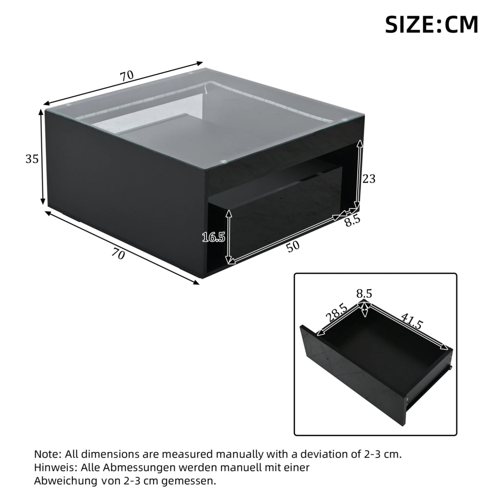 Tavolino da caffè 70x70 cm con LED, 2 cassetti e vetro