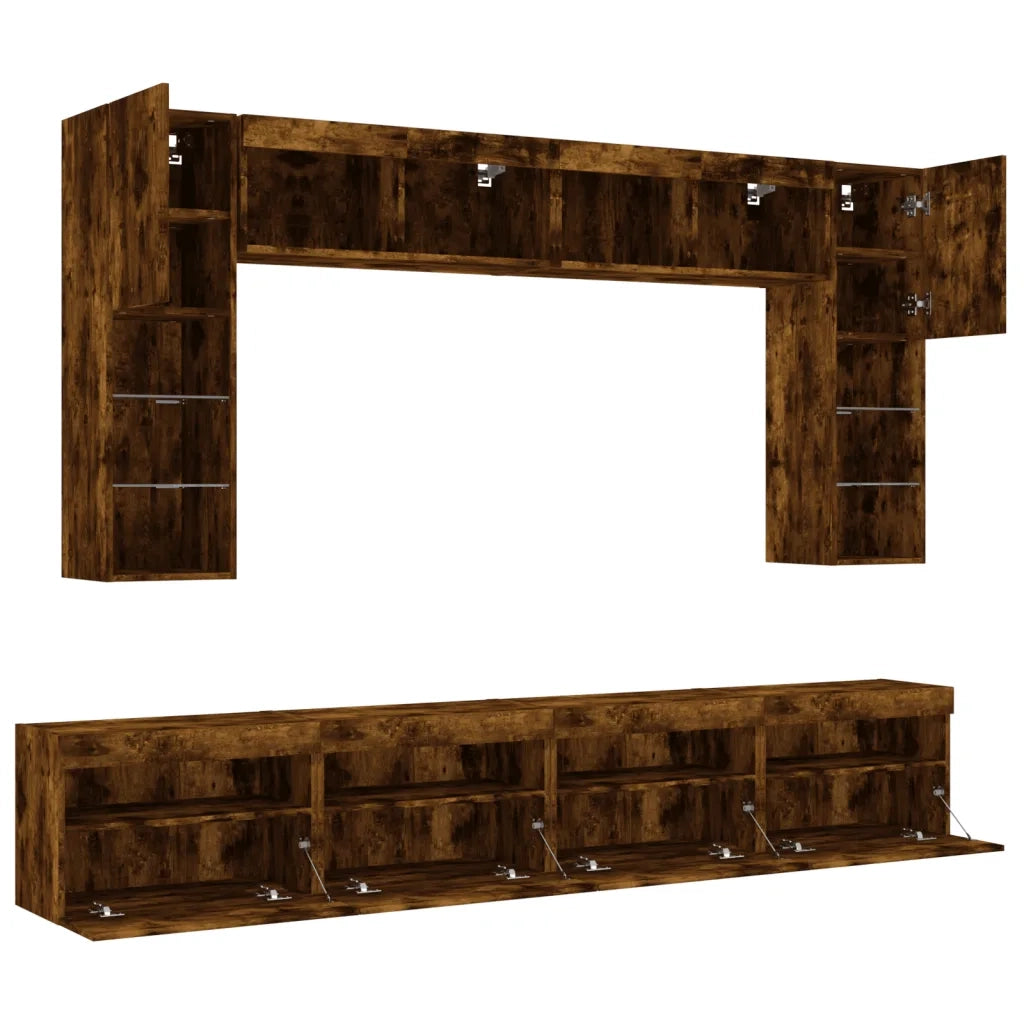 Set Mobili TV a Muro 8 pz con Luci LED Rovere Fumo