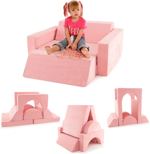 Divano Modulare per Bambini 8 Pezzi, Divanetto per Bambini con Copertura Staccabile per Sala Giochi e Camera da Letto, Divano Creativo per Bambini per Giocare, Creare e Dormire (Rosa)