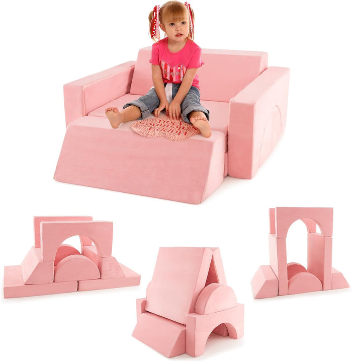 Divano Modulare per Bambini 8 Pezzi, Divanetto per Bambini con Copertura Staccabile per Sala Giochi e Camera da Letto, Divano Creativo per Bambini per Giocare, Creare e Dormire (Rosa)