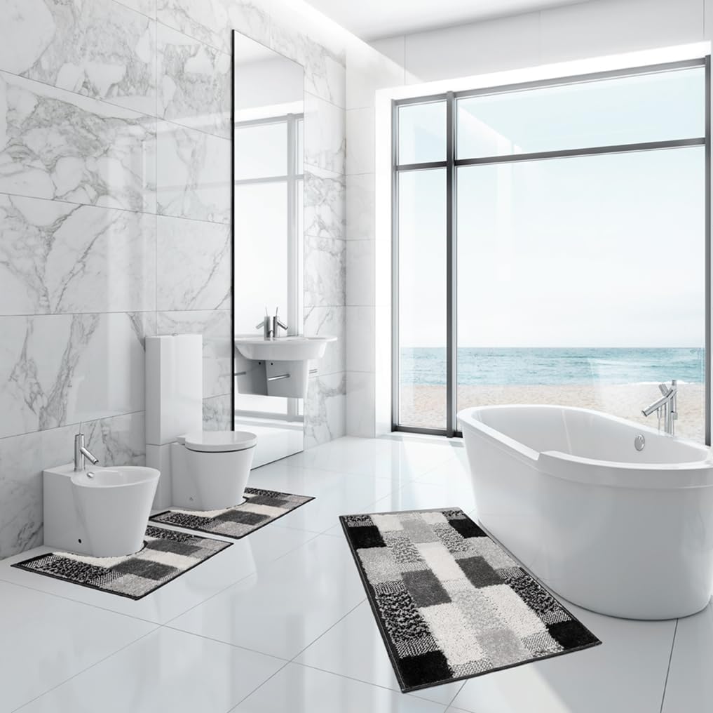 Tappeto Bagno Set 3 Pezzi Moderno Soffice Antiscivolo Assorbente Doccia Grigio