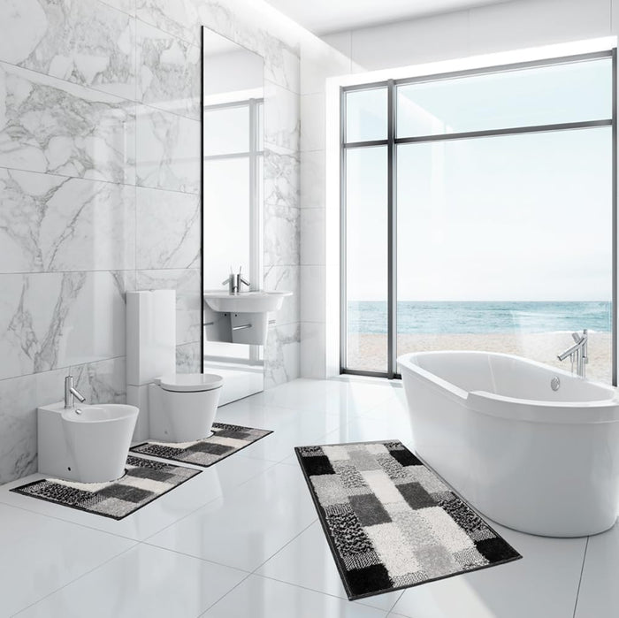 Tappeto Bagno Set 3 Pezzi Moderno Soffice Antiscivolo Assorbente Doccia Grigio