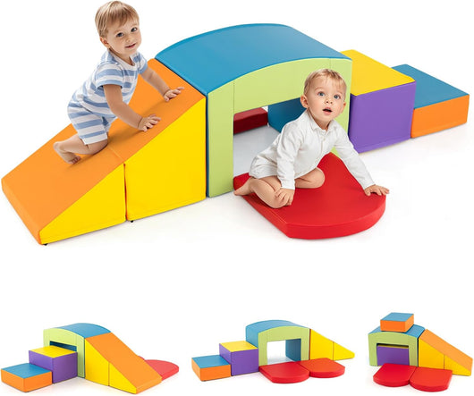 6 Blocchi di Schiuma per Arrampicata, Gioco Morbido per Bambini, Set di Costruzioni Colorate per Arrampicarsi e Strisciare con Tunnel, Scale e Rampetta per Bambini 12 Mesi + (Colorato)