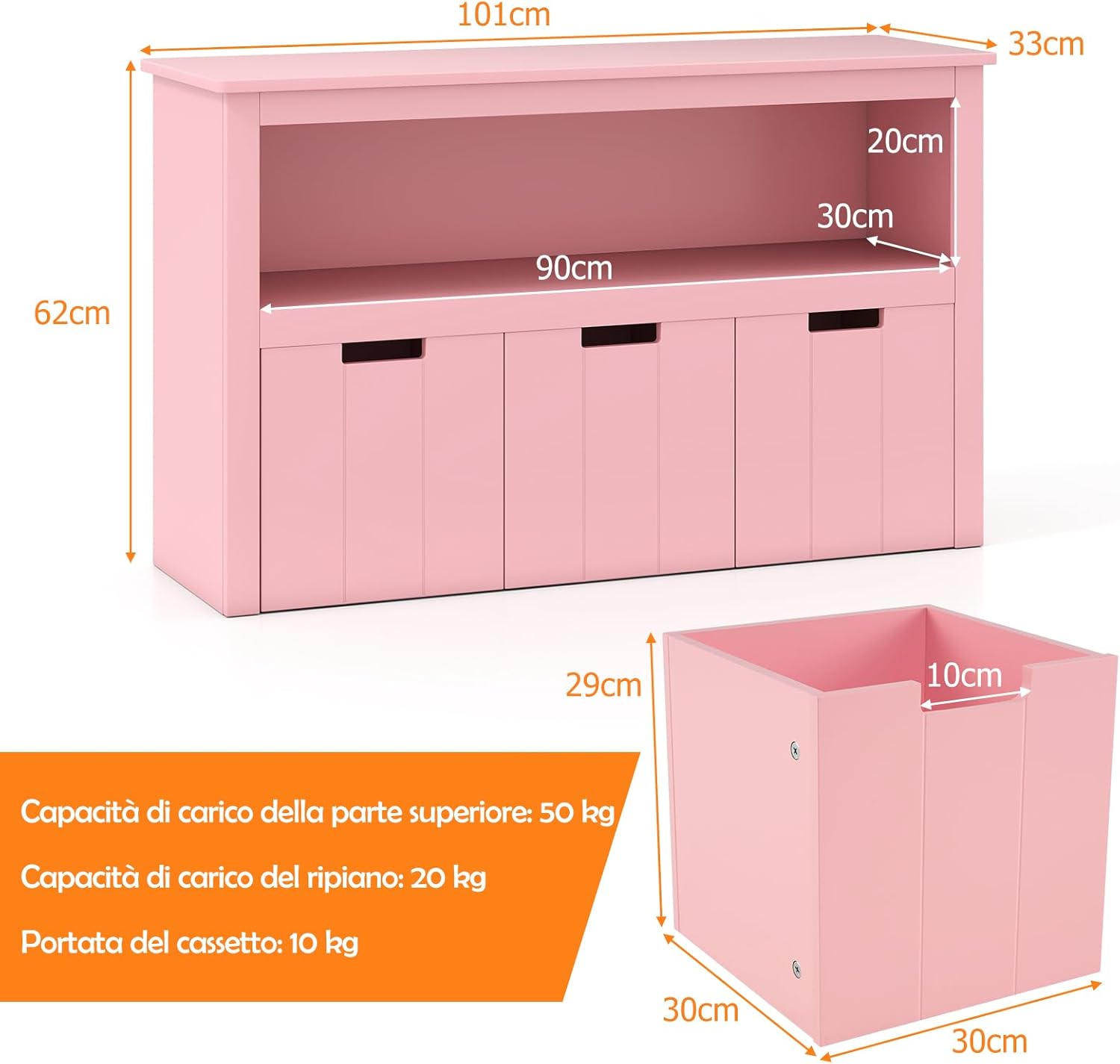 Armadio con 3 Cassetti, Scaffale di Legno con Ruote e Cubi per Giocattoli dei Bambini, Ampio Spazio, Organizer Durevole per Salone Camera da letto Camera dei bambini (Rosa)