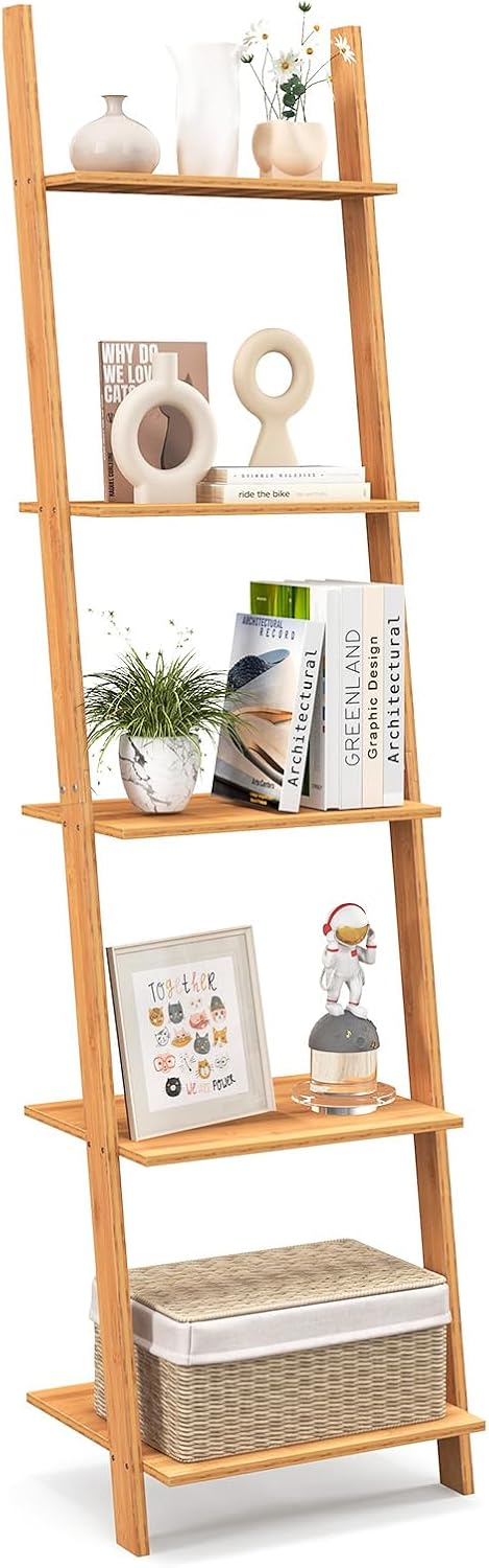 Scaffale a 5 Livelli in Bambù, Scaffale da Parete per Soggiorno, Bagno, Cucina, Cucina Multifunzione e Salvaspazio43 x 35 x 165 cm, Naturale