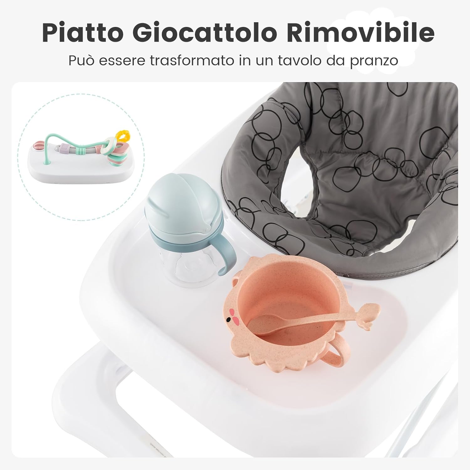 3 in 1 Girello per Bambini, Girello Pieghevole per Bambini, con 3 Altezze Regolabili, Sedile Imbottito e Piatto Giocattolo Rimovibile, Girello a Spinta con Ruote, per Bambini 6+ Mesi (Grigio)