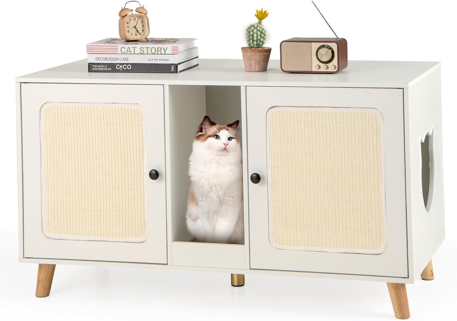 Lettiera Chiusa per Gatti 108 x 50 x 60 cm, Mobile per Lettiera Nascosta per Gatti con 2 Tappetini in Sisal e Ingresso a Forma di Testa di Gatto, Casetta per Animali Domestici (Bianco)
