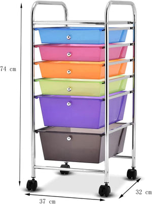 Carrello con 6 Cassetti e Ruote, Cassettiera in Plastica, con Due Dimensioni di Cassetti, Contenitore Multiuso per Casa Bagno e Ufficio, 37 x 74 x 32cm (Colorato)