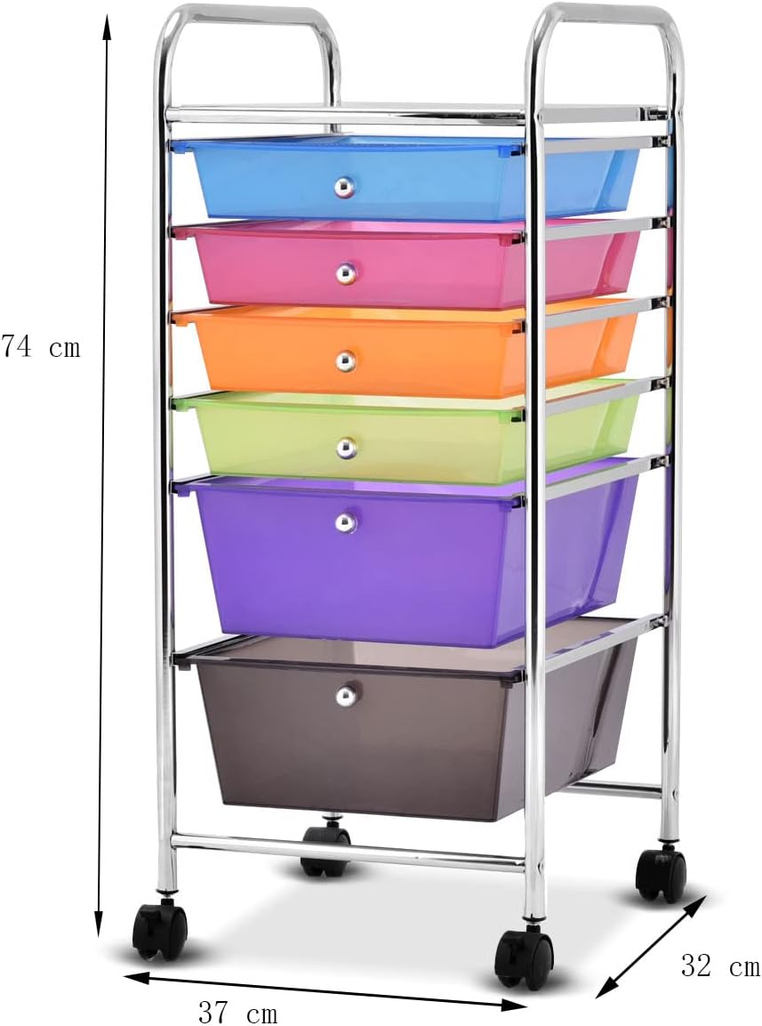 Carrello con 6 Cassetti e Ruote, Cassettiera in Plastica, con Due Dimensioni di Cassetti, Contenitore Multiuso per Casa Bagno e Ufficio, 37 x 74 x 32cm (Colorato)