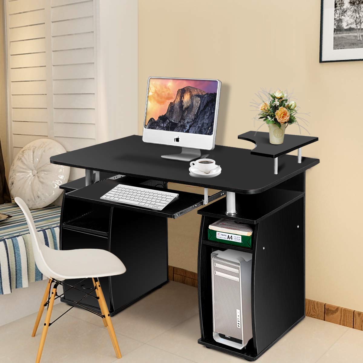 Scrivania da Computer, Scrivania con Cassettiera e Porta Hardware,120 x 55 x 85 cm (Nero)