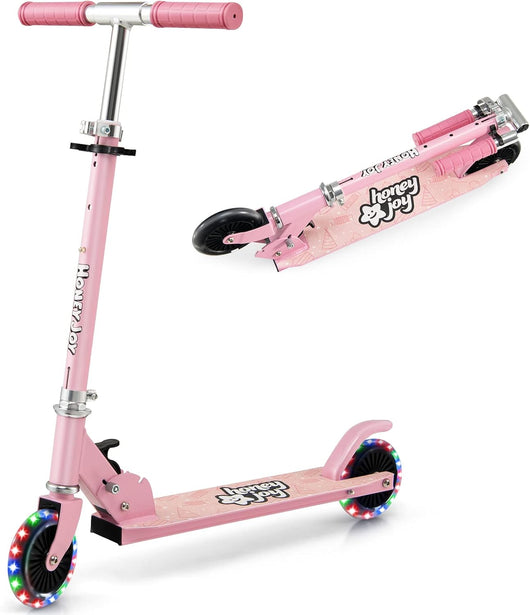 Monopattino Bambini, Monopattino Bambino e Bambina +3 Anni Pieghevole con 2 Ruote Lampeggianti, Manubrio Regolabile e Freno (Rosa)