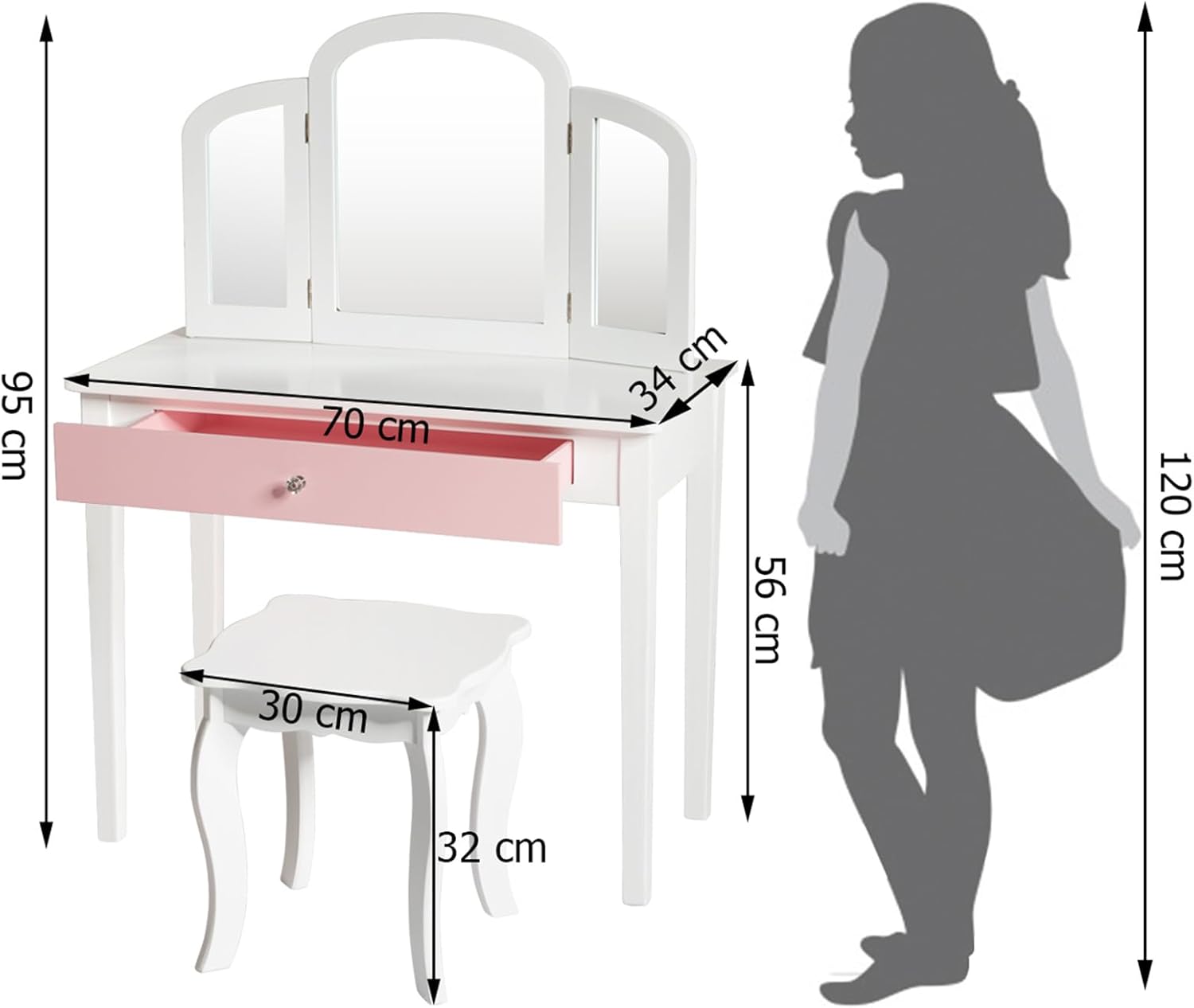 Toeletta Trucco per Bambina, Specchiera Trittica per Ragazza in Legno Robusto con Sgabello e Cassetto, Postazione Trucco 2 in 1 per Cameretta e Cmera da Letto, 95x70x34cm(Bianco)