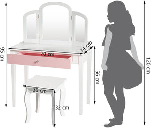 Toeletta Trucco per Bambina, Specchiera Trittica per Ragazza in Legno Robusto con Sgabello e Cassetto, Postazione Trucco 2 in 1 per Cameretta e Cmera da Letto, 95x70x34cm(Bianco)