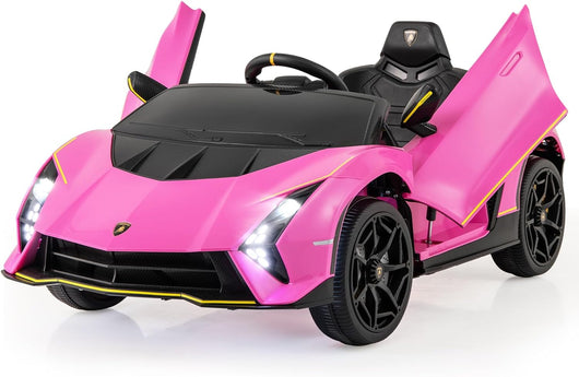 12 V Lamborghini Macchina Elettrica per Bambini, Auto Elettrica Cavalcabile con Telecomando Luci Ammortizzatori a Mola, 3 Velocità, per Bambini 3-8 Anni, 2-4 Km/h (Rosa)