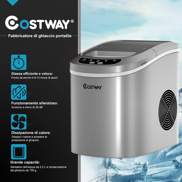 Fabbricatore di Ghiaccio 12kg/24h, Macchine per Cubetti di Ghiaccio, Produttore per Ghiaccio con Serbatoio 2,2L (Argento)