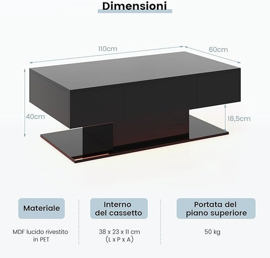 Tavolino da Caffè Moderno, Tavolino a 2 Piani con 20 Luci LED a Colori, 2 Cassetti Portaoggetti e Finitura Lucida, Tavolino Rettangolare per Salotto, Studio e Camera da Letto (Nero)