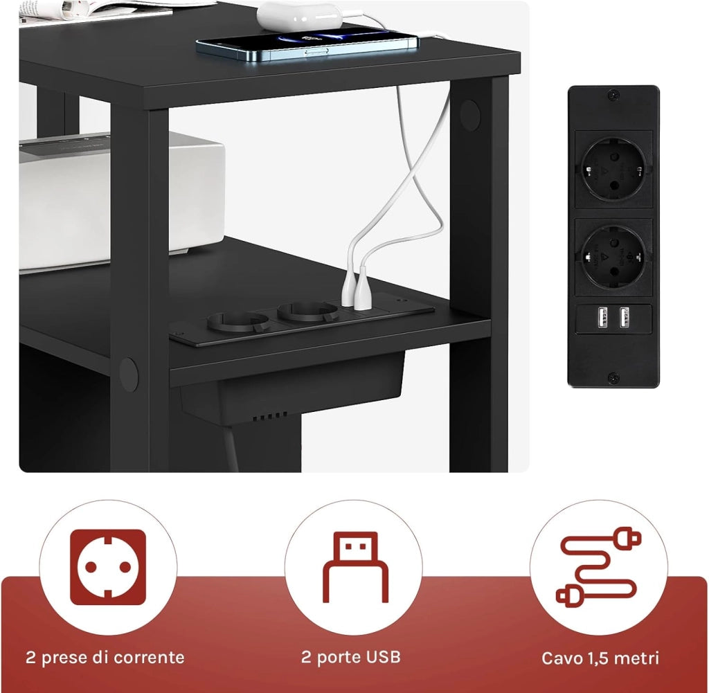 Tavolino Stretto con Stazione di Ricarica per Divano, Comodino con 2 Cassetti 2 Ripiani 1 Scomparto, per Soggiorno, Camera da Letto, 60x60x30 cm, Nero