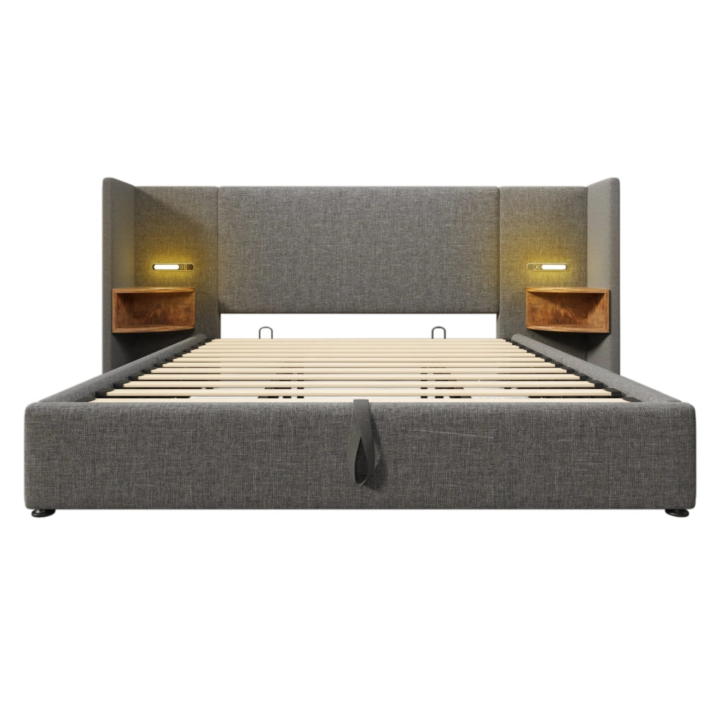 Letto matrimoniale imbottito con contenitore, lampada da lettura e ricarica USB Type-C