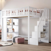 Letto a soppalco 90x200 cm con scala contenitore e 15 doghe in legno bianco
