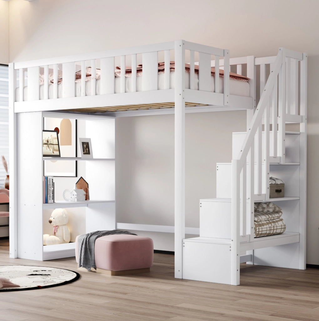 Letto a soppalco 90x200 cm con scala contenitore e 15 doghe in legno bianco