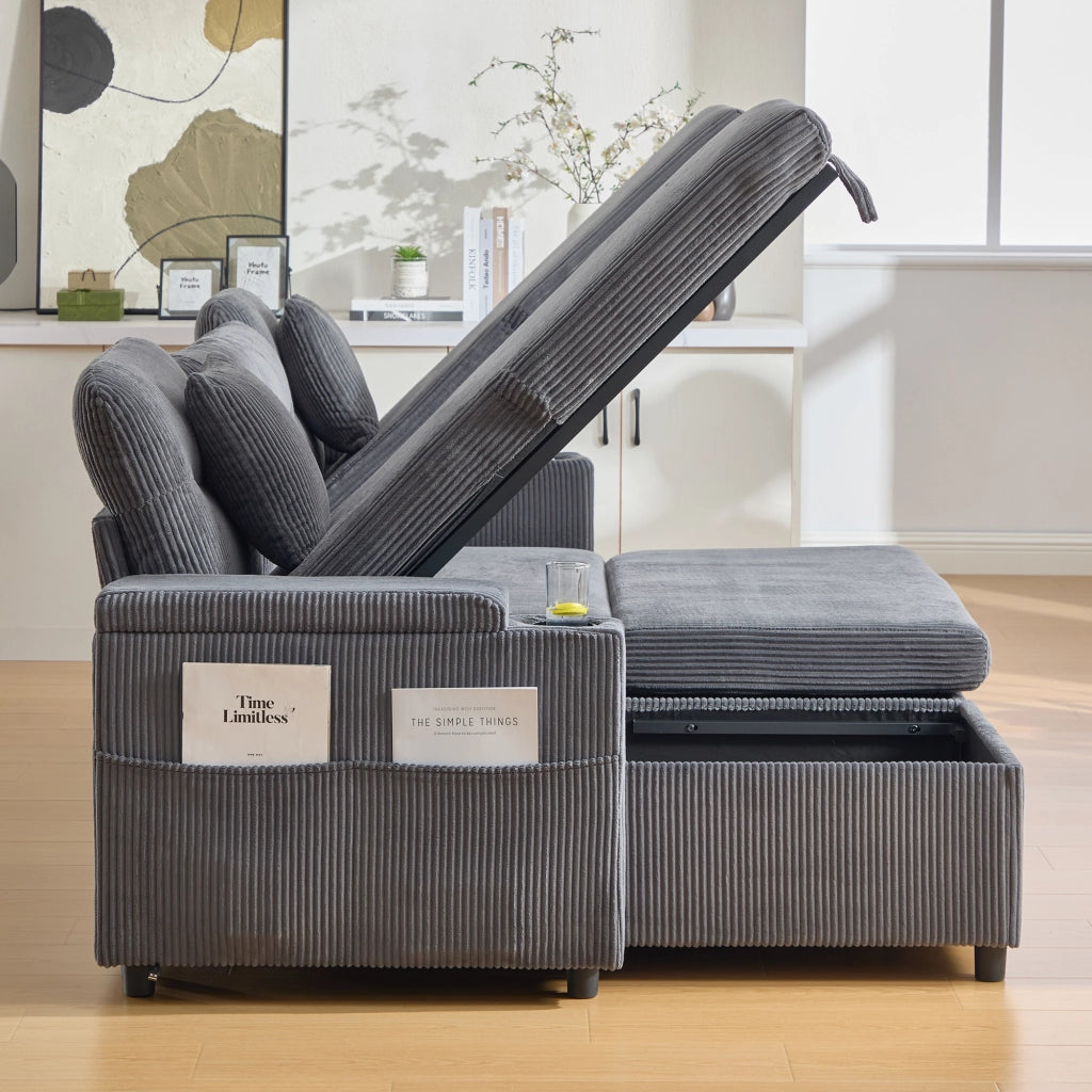 Divano a 4 posti in corduroy grigio carbone con doppia chaise longue, contenitore, USB-C e portabicchieri