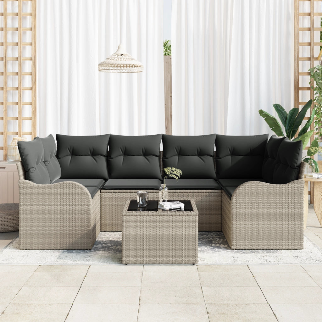 Set Divano da Giardino a 7 Pezzi con Cuscini Grigio Chiaro Polirattan