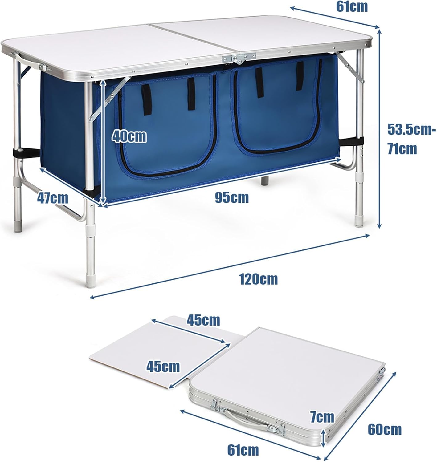 Tavolo da Campeggio Pieghevole Ultraleggero Portatile Compatto, con Scompartimenti, con Sacco di Scompartimento, per Interno e Esterno (Blu)