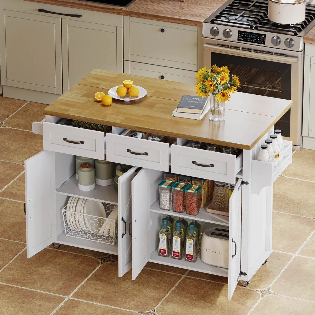 Isola Cucina Pieghevole ¨C MINIMAL ¨C Bianco, 4 Ante, 3 Cassetti, Rotelle, 140x43x90.5 cm