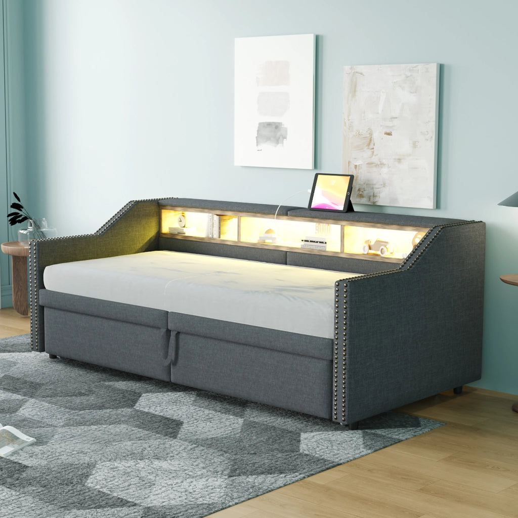 Letto divano estraibile 90 × 200 cm e 180 × 200 cm con 3 ripiani, LED et USB, con 2 materassi, grigio scuro